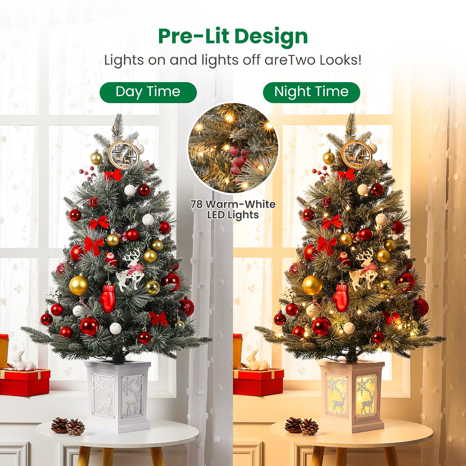 Garvee 3ft Pre-Lit Christmas Tree, Small Lighted Christmas Tree with Lighting Elk Base, Artificial Xmas Trees with 78 LED Lights & 8 Lighting Modes Christmas Decoration for Home, Office