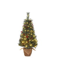 Garvee 3ft Pre-lit Flocked Mini Christmas Tree with 70pcs Warm White Light Beads, Artificial Tabletop Small Christmas Tree with a Decorative Burlap Base, Christmas Decoration for Home