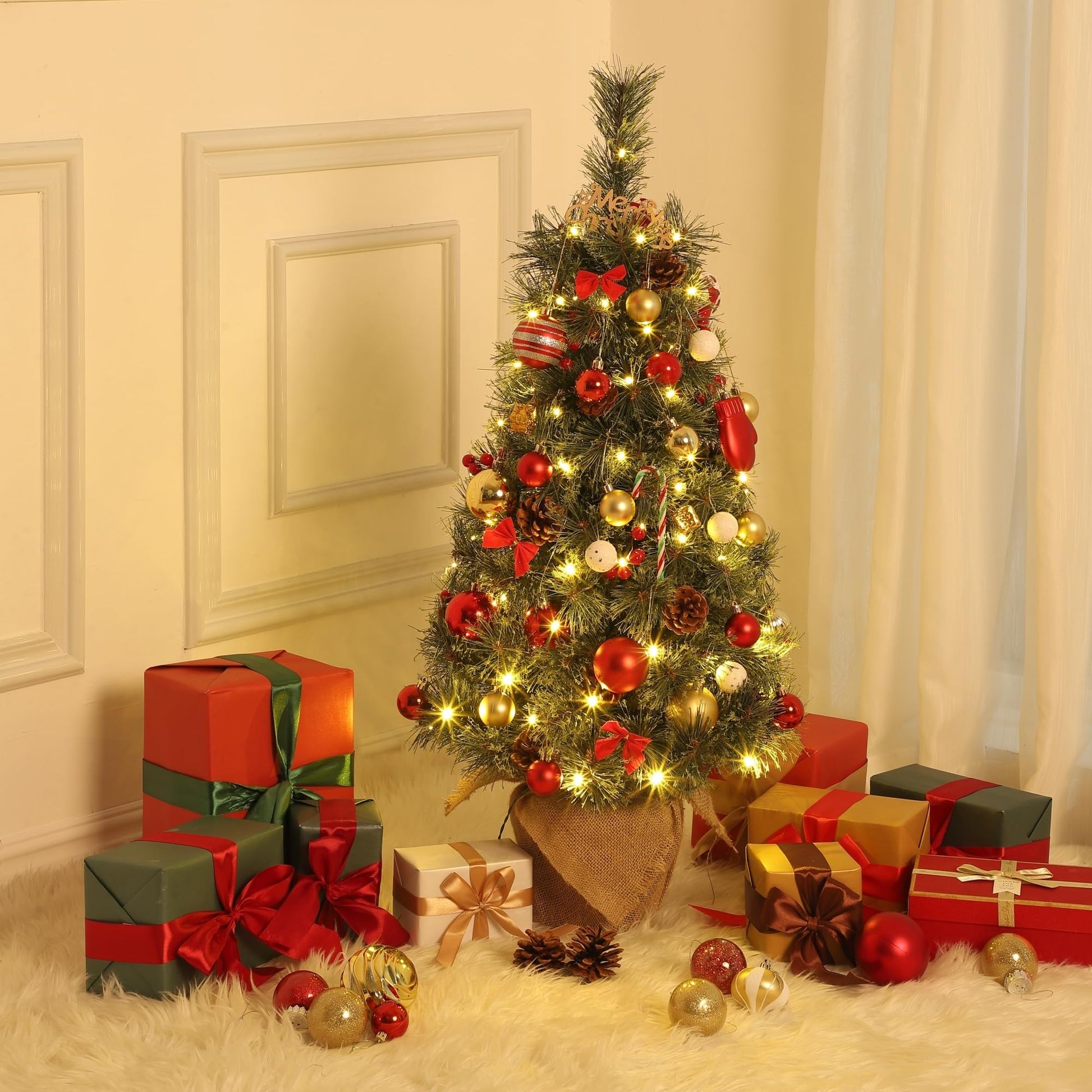 Garvee 3ft Small Christmas Tree, Pre-lit Xmas Tree with Cloth Bag Base, Mini Christmas Tree with LED Lights, Artificial Christmas Tree with Pine Cones and Berries for Desk Decoration