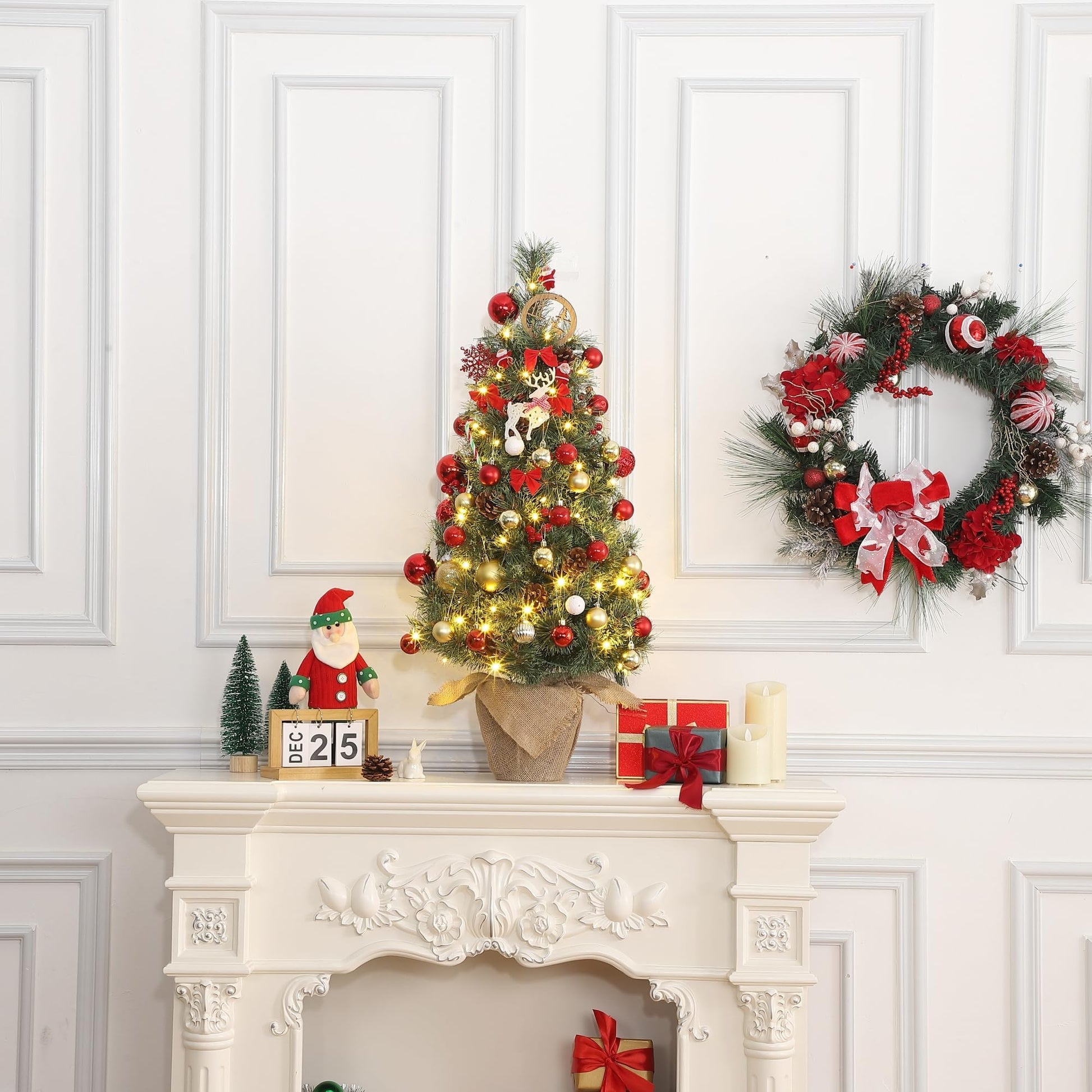 Garvee 3ft Small Christmas Tree, Pre-lit Xmas Tree with Cloth Bag Base, Mini Christmas Tree with LED Lights, Artificial Christmas Tree with Pine Cones and Berries for Desk Decoration