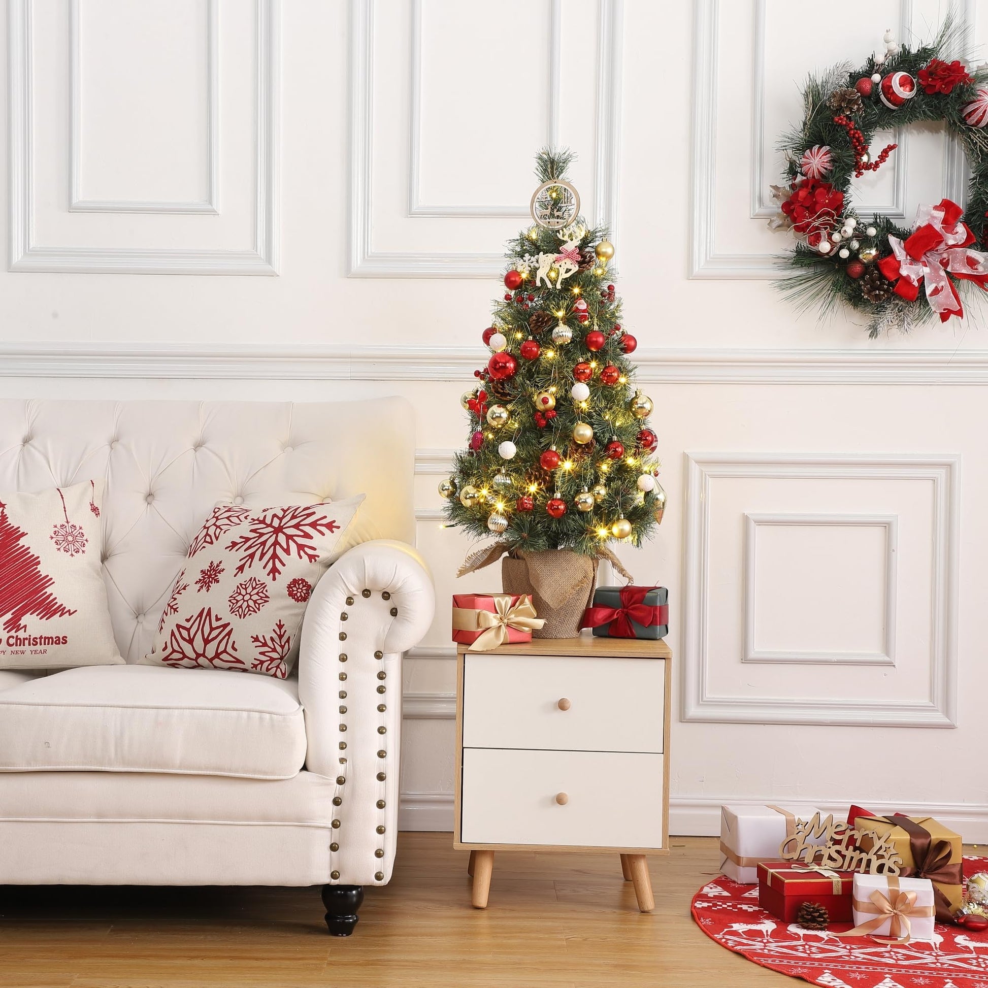 Garvee 3ft Small Christmas Tree, Pre-lit Xmas Tree with Cloth Bag Base, Mini Christmas Tree with LED Lights, Artificial Christmas Tree with Pine Cones and Berries for Desk Decoration