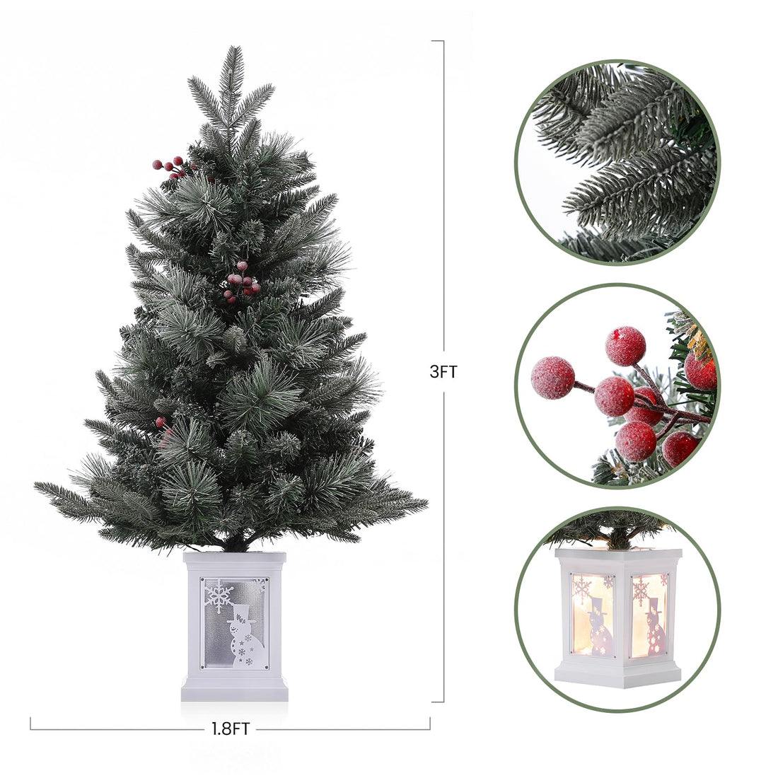 Garvee 3ft Prelit Premium Snow Flocked Artificial Christmas Tree with 78 Warm White LEDs, Mini Prelit Xmas Pine Tree for for Front Door, Porch, Entryway, Fireside Christmas Decoration, 1 PCS