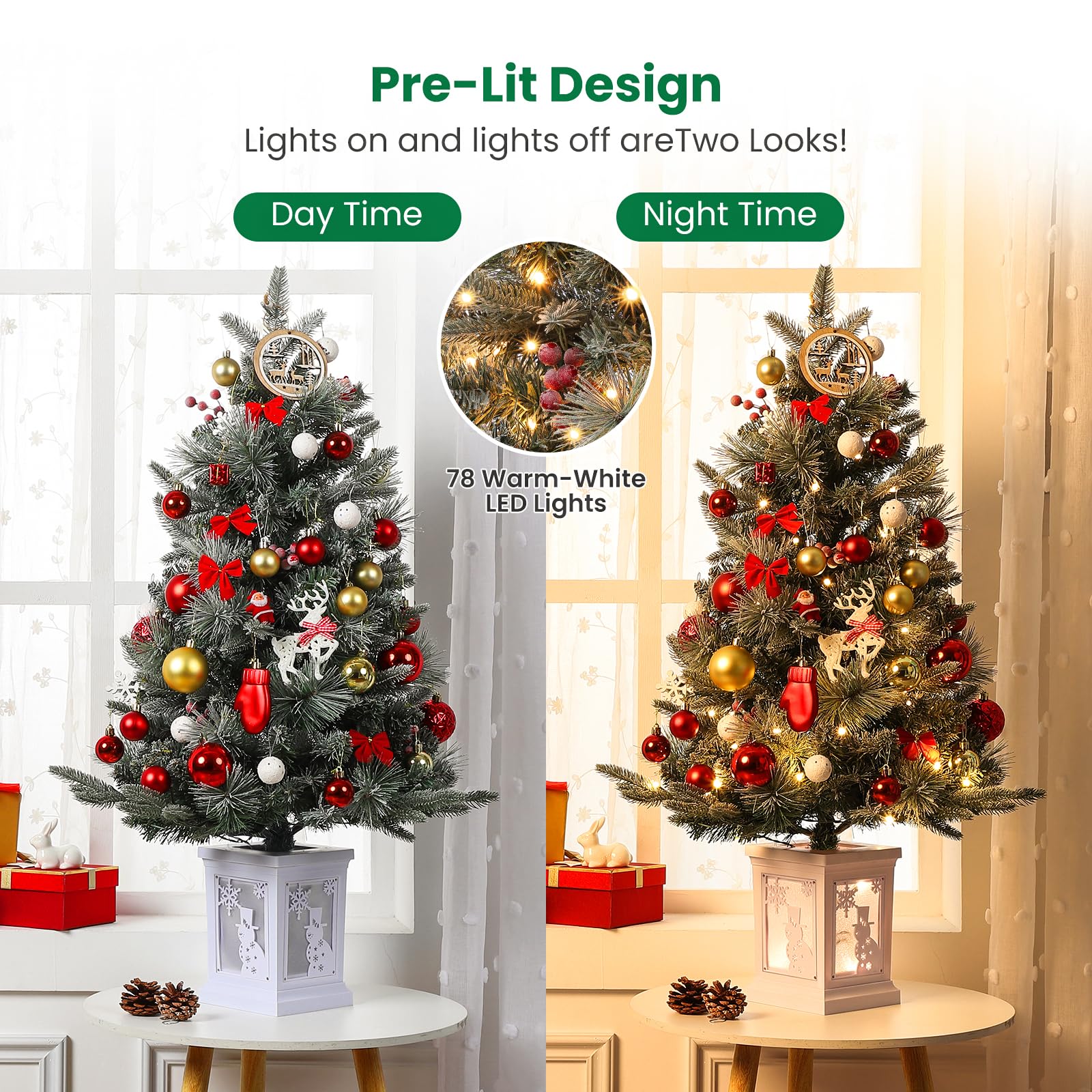 Garvee 3ft Prelit Artificial Christmas Tree with 78 Warm White LEDs, Premium Mini Snow Flocked Xmas Pine Tree for for Front Door, Porch, Entryway, Fireside Christmas Decoration, 2 PCS