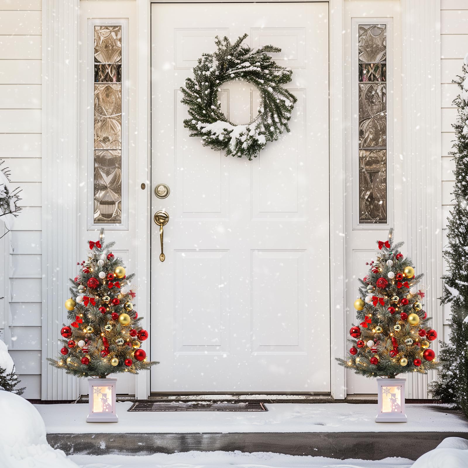 Garvee 3ft Prelit Artificial Christmas Tree with 78 Warm White LEDs, Premium Mini Snow Flocked Xmas Pine Tree for for Front Door, Porch, Entryway, Fireside Christmas Decoration, 2 PCS