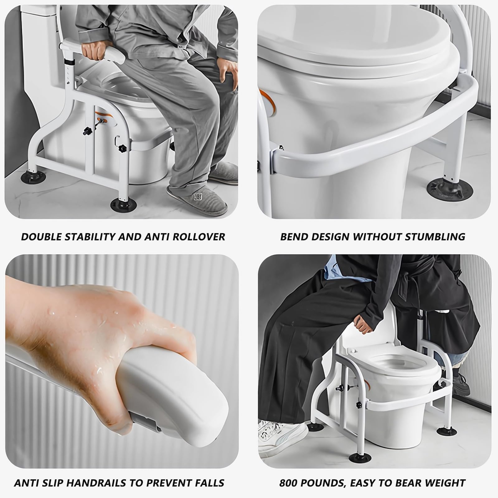 Garvee Adjustable Toilet Safety Frame for Disabled and Elderly – Carbon Steel Support Rail, Non-Slip Handles, Large Suction Cups, Fits Most Toilets, Bathroom Aid – White, Suction Cup Foot Clamp