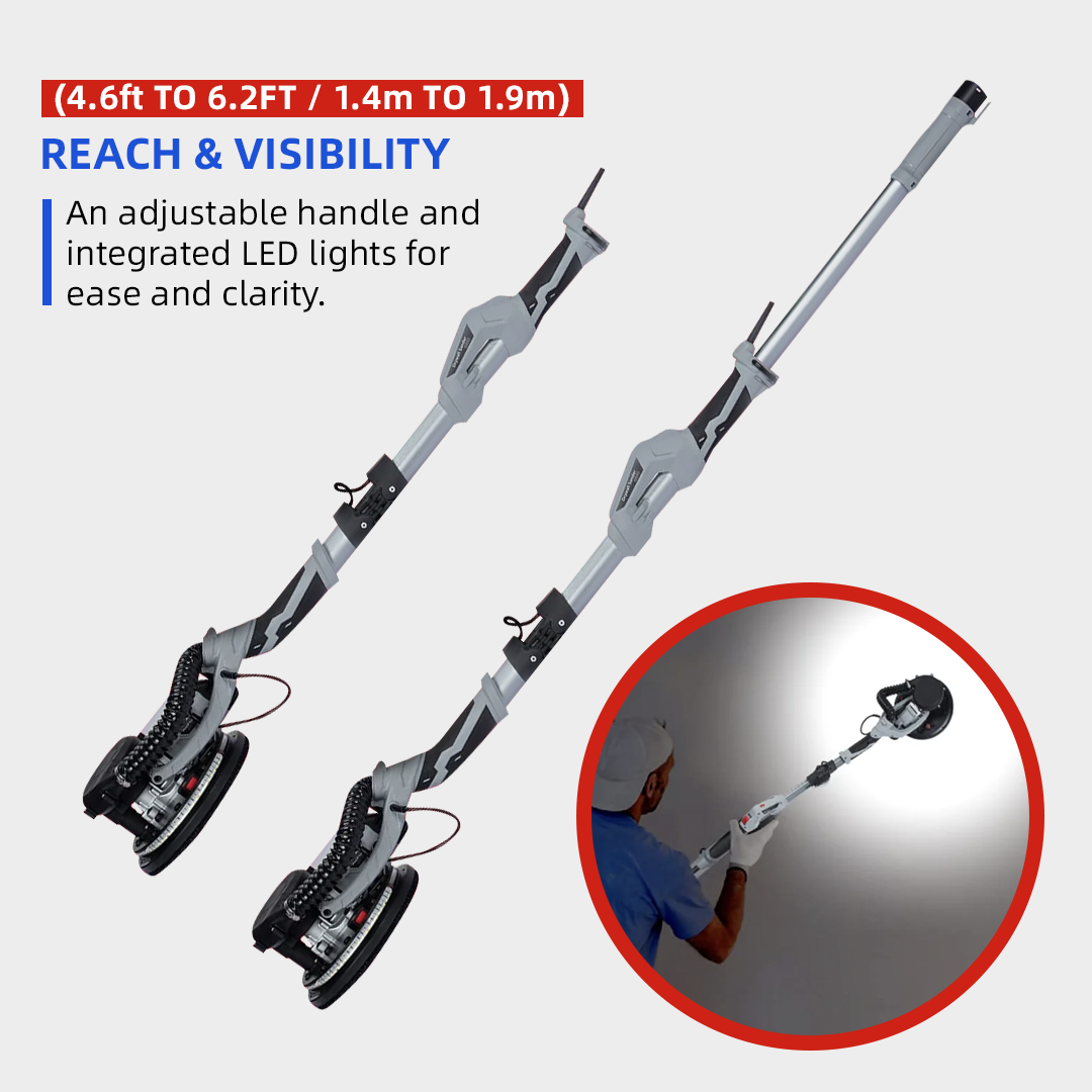 Garvee Drywall Sander, Electric Sander Tool with Variable Speed 800-1800RPM, 6.6ft Dust Hose, LED Light, Extendable & Foldable Handle, 6 Pcs Sanding Discs, Carrying Bag