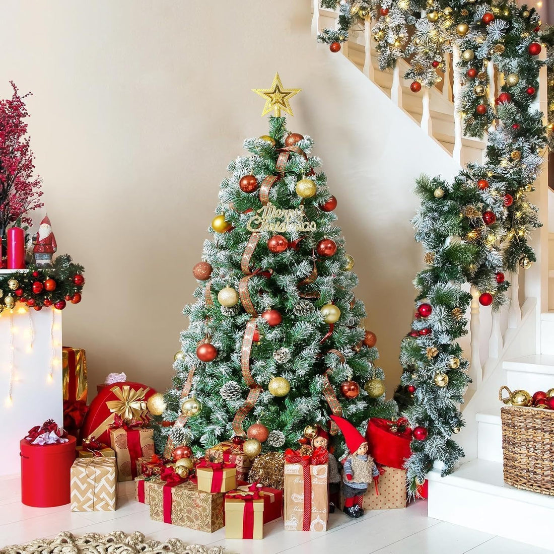 Garvee 4.5ft Pre-Lit Christmas Tree with 359 Tips, Snow Flocked PVC Branches, Metal Stand, White Pine Cones, Full Artificial Holiday Décor for Home & Office