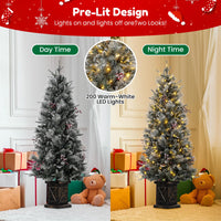 Garvee 4.5ft Artificial Christmas Tree, Pre-Lit Potted Snow Flocked Christmas Tree with 108 LED Lights & 8 Lighting Modes Fake Xmas Tree with Red Berries, Christmas Decoration for Porch Entryway