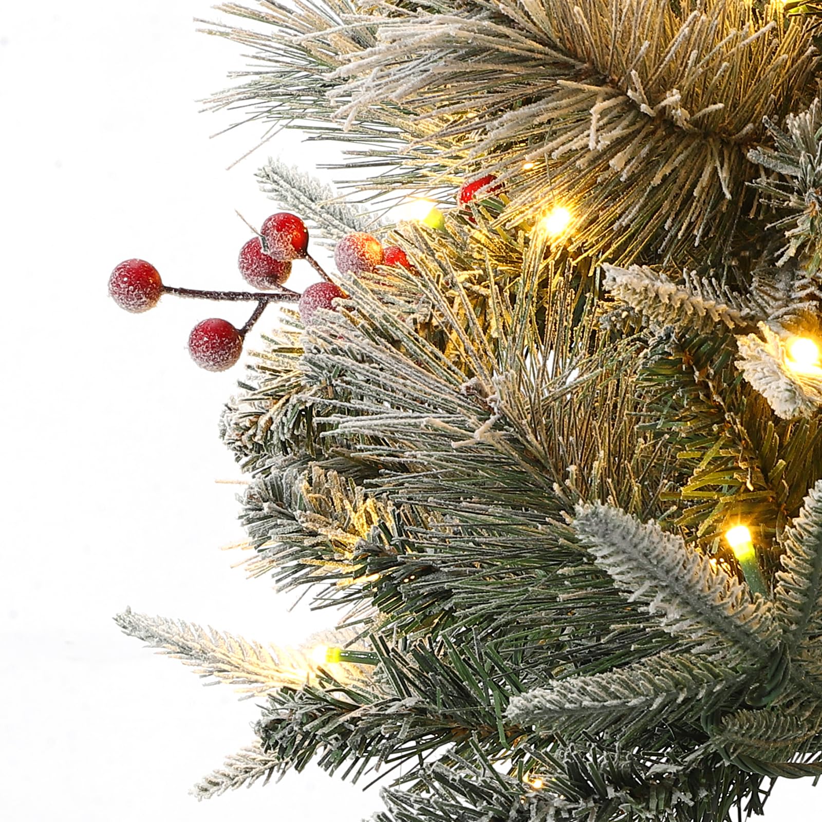 Garvee 4.5ft Artificial Christmas Tree, Pre-Lit Potted Snow Flocked Christmas Tree with 108 LED Lights & 8 Lighting Modes Fake Xmas Tree with Red Berries, Christmas Decoration for Porch Entryway