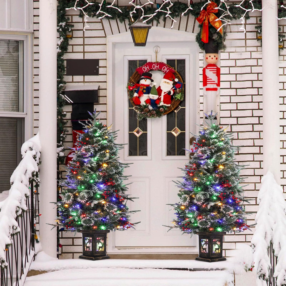 Garvee 4.5ft Christmas Tree with 150 Multicolor Led Lights, Pre-Lit Snow Flocked Christmas Tree with Elk Potted Base, Holiday Xmas Tree Decoration for Home, Entrances, 2 PCS