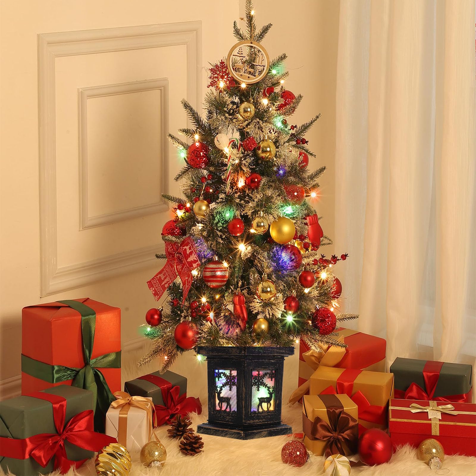 Garvee 4.5ft Christmas Tree with 150 Multicolor Led Lights, Pre-Lit Snow Flocked Christmas Tree with Elk Potted Base, Holiday Xmas Tree Decoration for Home, Entrances, 1 PCS