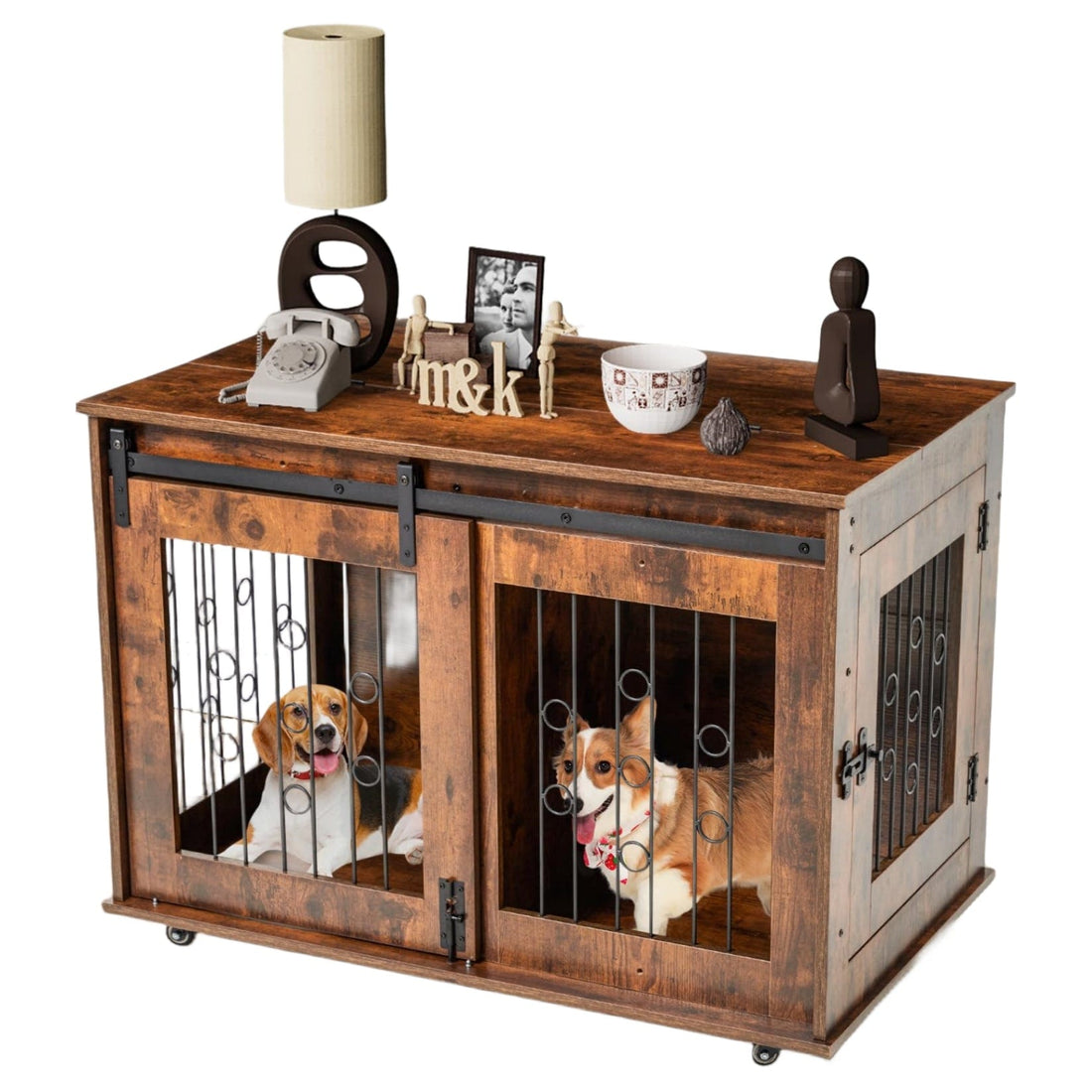 Double Dog Crate 39 Inch Wooden Dog Kennel End Table with Divider Sliding Barn Door ZH-03