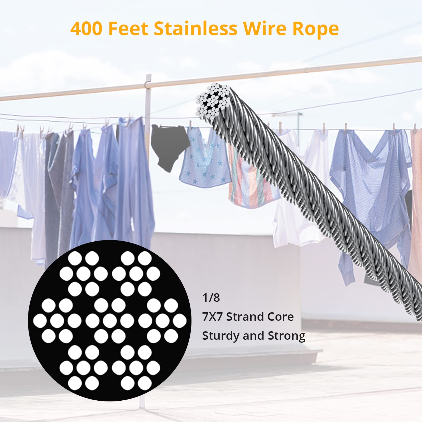 400FT 1/8" T316 Steel Cable Rope, 7x7 Core for Durability
