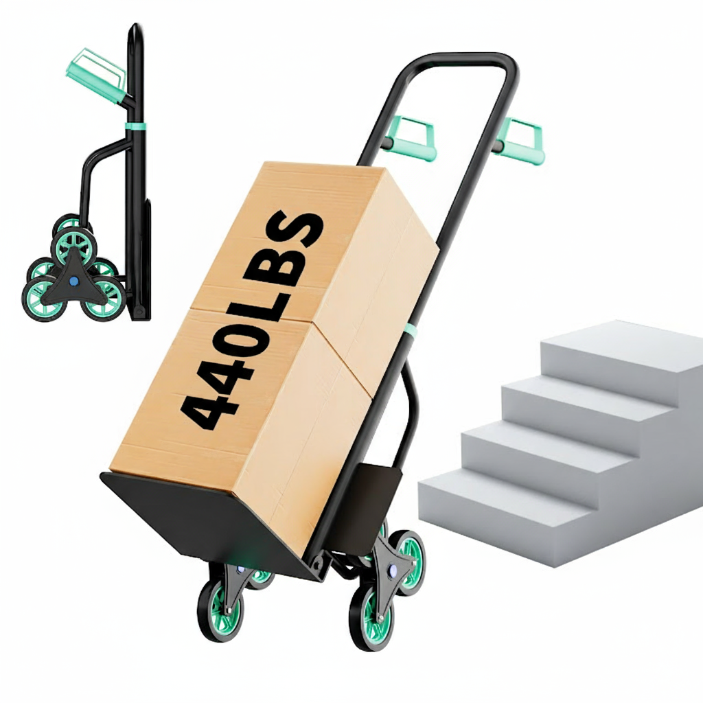 Garvee Heavy Duty Stair Climbing Dolly 440Lbs Capacity 3-Wheel Design Foldable Steel Frame Retractable Handle Non-Slip Grip for Moving Delivery