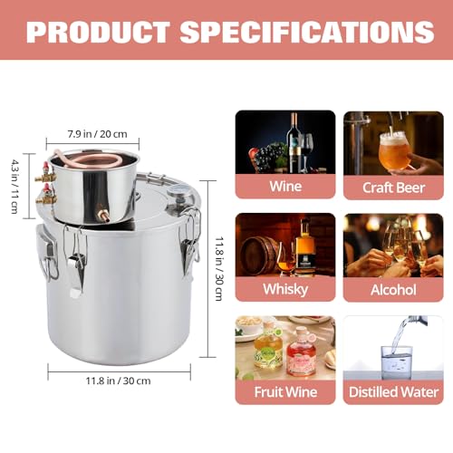 Alcohol Still 10Gal/38L Alcohol Distiller Stainless Steel Distillery Kit for Alcohol w/Copper Tube Home Brewing Kit Build-in Thermometer for DIY Whisky Wine Brandy