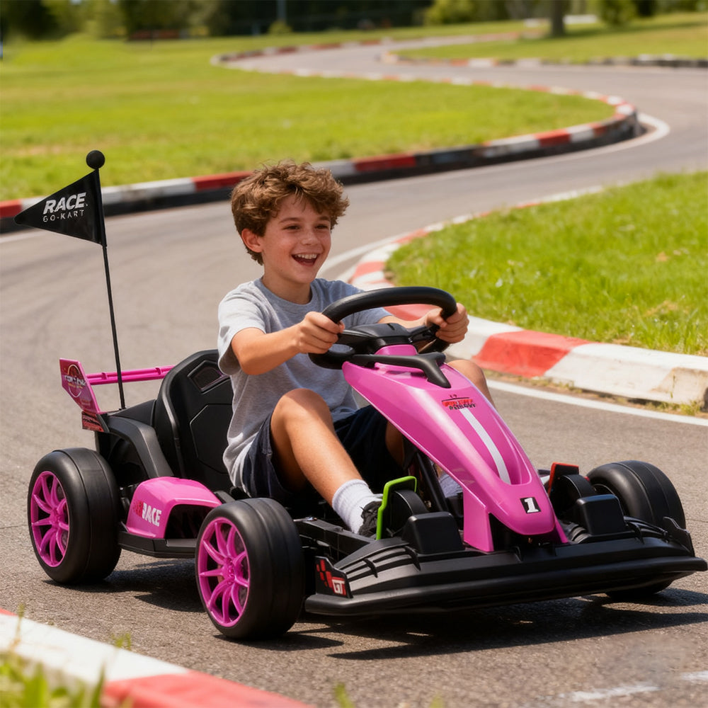 Garvee Ride - G Series: 24V Electric Drift Kart for Kids, Ride Car with Adjustable Seat & 7.5MPH Speed, EVA Silent Wheels, Parent-Safety Certified Ride-On Toy - Pink