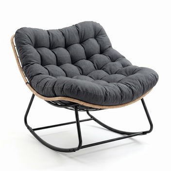 Garvee Rocking Chair with Thick Cushion, 450 LBS Capacity, Heavy Duty Metal Frame Patio Rocker, Curved Leg Wicker Rattan Armchair for Indoor Outdoor Lounge Decking, Gray