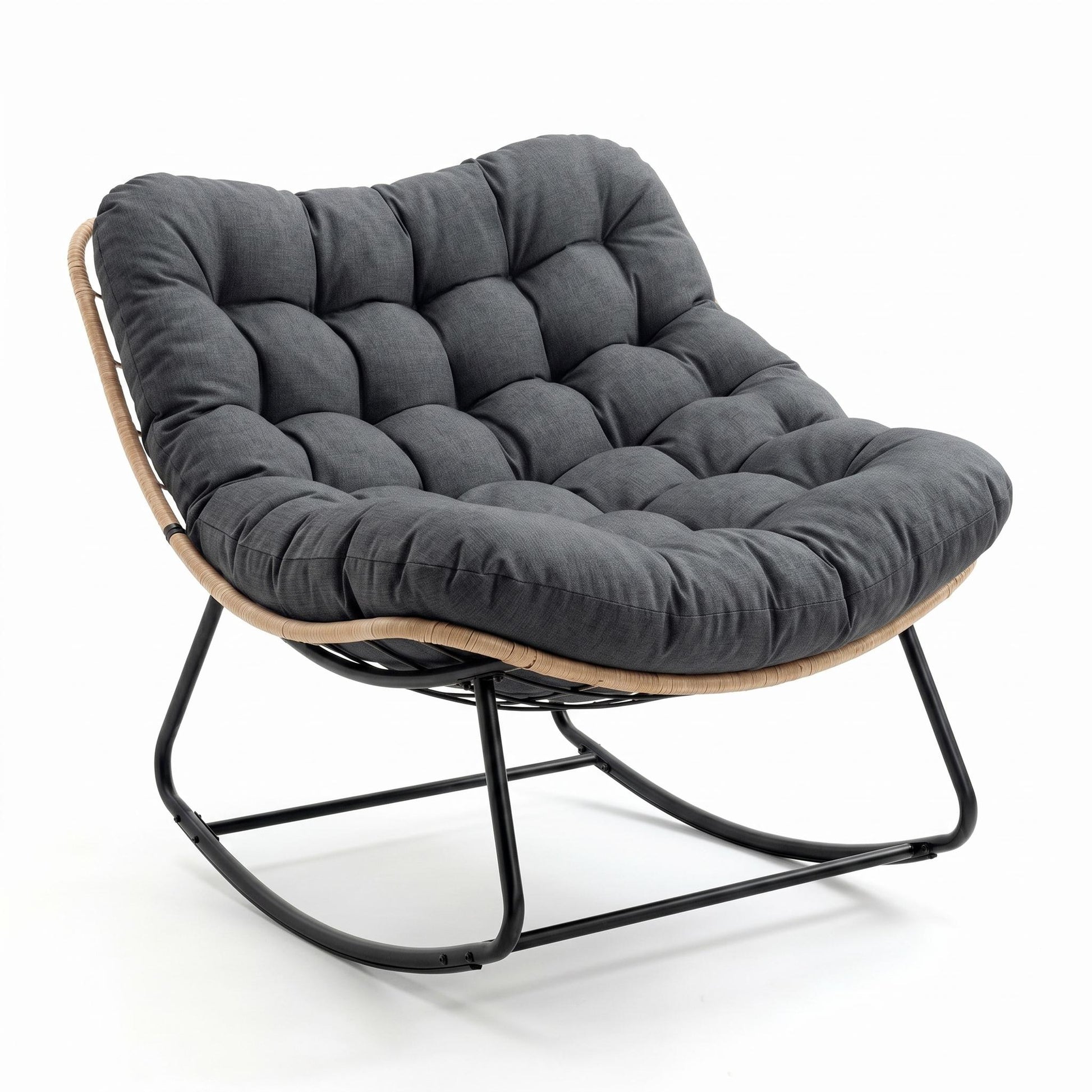 Garvee Rocking Chair with Thick Cushion, 450 LBS Capacity, Heavy Duty Metal Frame Patio Rocker, Curved Leg Wicker Rattan Armchair for Indoor Outdoor Lounge Decking, Gray