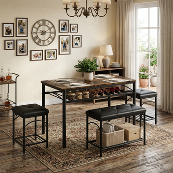Garvee Modern Set of 4 Dining Table Set in Wood Grain Design with Upholstered Benches and 2 Stools for Apartment and Studio, Brown & Black