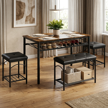 Garvee Modern Set of 4 Dining Table Set in Wood Grain Design with Upholstered Benches and 2 Stools for Apartment and Studio, Brown & Black