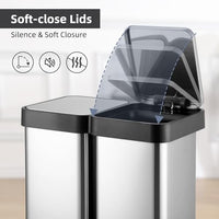 16 Gallon Dual Trash and Recycling Bin, Fingerprint Proof Stainless Steel Kitchen Garbage Can with Double Lid, Hands-Free Step Rubbish Bin Without Inner Bucket for Kitchen Home Office