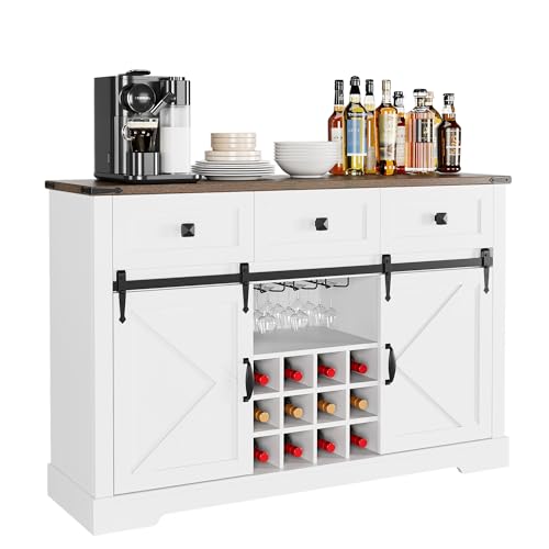 Buffet Cabinet with Storage, Farmhouse Coffee Bar with 3 Drawers, Wine Cabinet with Sliding Barn Door and Wine and Glass Rack for Kitchen, Dining Room, White