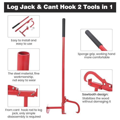 Cant Hook,48IN Log Peavey Tool,2-in-1 Logging Equipment,2 in 1 Log Peavey with Moving Hook,Logging Tool Log Roller Tool with Rubber Handle,Wood Peavey Logging Tool,Red