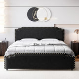Garvee Queen Size Bed Frame, Velvet Upholstered Platform Bed Frame and Headboard with Rivet Decor, Strong Wood Slat Support, No Box Spring Needed, Easy Assembly (Black, Queen) - Black