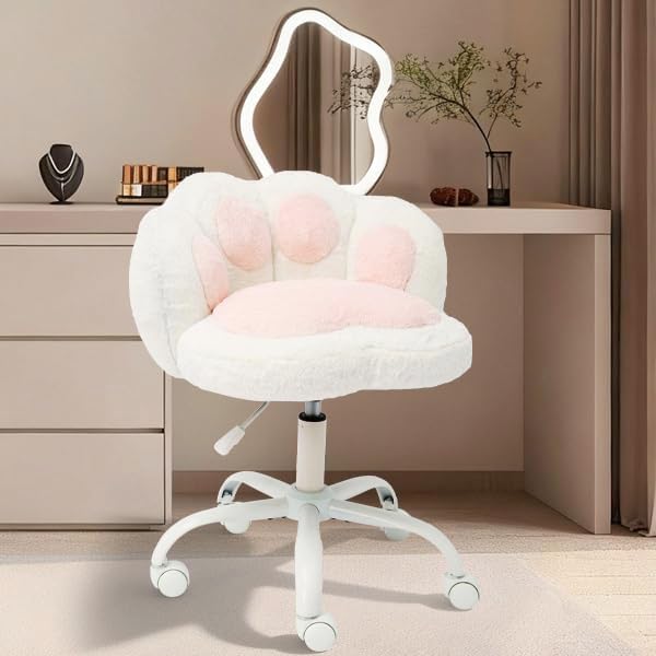Garvee Vanity Chair with Cat Paw Back, Armless Desk Chair Cute Small Office Chair with Wheels, Teddy Fabric 360°Rotating Computer Chair, Adjustable Height for Vanity, Office, Bedroom, White