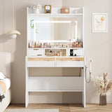 Garvee Vanity Desk with Mirror and Lights, Small Makeup Vanity Desk with Power Outlet＆Glass Top, 3 Lighting Modes Brightness Adjustable, Bedroom Dressing Table with 7 Color Light Drawers, White - White