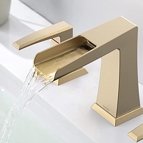 Waterfall Widespread Bathroom Faucet, 2-Handle Waterfall Bath Vanity Faucets, Waterfall Bathroom Sink Faucet 3 Hole with Metal Pop Up Drain Assembly & Faucet Supply Lines