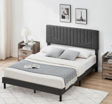 Garvee Queen Bed Frame Upholstered Platform with Adjustable Headboard, Modern Striped Design, Wooden Slats Support, No Box Spring Needed, Solid Metal Frame, Cozy Linen Fabric, Whisper-Quiet, Easy Assembly