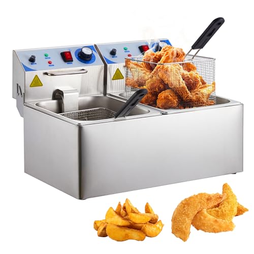 Garvee Commercial 10L+10L - 1500 Watts Dual Tank Electric Deep Fryer Stainless Steel Countertop Oil Fryer with Basket for Restaurant/Home Use (110V)