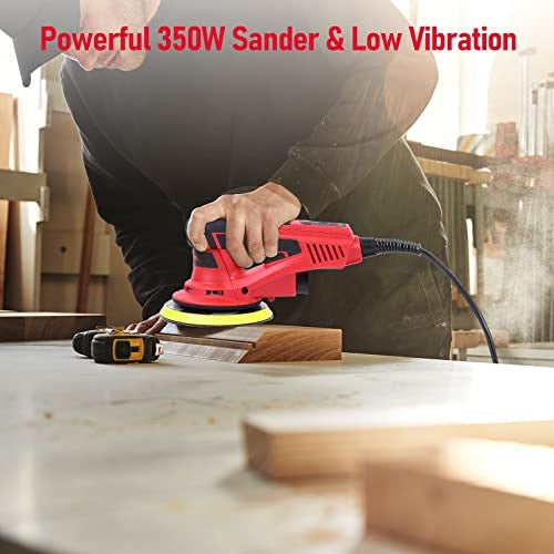 Garvee Electric Random Orbital Sander,Brushless Motor,2.5 E&Powerful 350W & Low Vibration,10000 RPM,6-Inch For Woodworking, Polishing,Carpentry