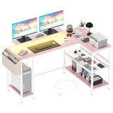 Garvee L Shaped Computer Desk with Power Outlets & LED Light, Reversible Corner Desk with Storage Shelves & Monitor Stand, MDF, Metal Frame, Adjustable Leg Pads, Home Office, Gaming, Writing, Pink - pink