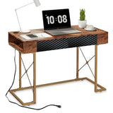 Garvee Small Office Desk, Modern Simple 42 Inch Writing Desk with Storage Drawers, Charging Station, Metal Frame, Rustic Brown, Home Office - Vintage smoked wood + gold
