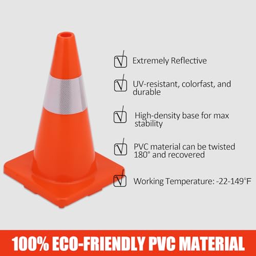 Garvee 12-Pack 18" Traffic Cones with Reflective Collars PVC Base for Road Parking Construction Home Use Orange