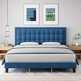 Garvee Full Size Upholstered Bed Frame with Button Tufted Headboard, Heavy Duty Metal Foundation, Wood Slats, Adjustable Height, Noise-Free, No Box Spring Needed, Blue - Blue