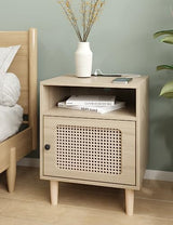 Garvee Rattan Nightstand with Charging Station, Boho End Table, Side Table with USB Ports & Power Outlets，1 Storage and Solid Wooden Legs for Bedroom, Living Room, Natural