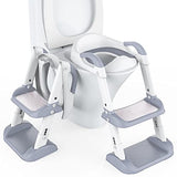 Garvee Potty Training Toddler Seat with Ladder, Garvee Double Step Potty Step Stool for Kids, Foldable Potty Toilet Seat with PU Cushion, 6-Leves Height and Wide Anti-Slip Pad for Baby Boys Girls, Light Grey