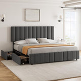 Garvee Grey Full Linen Upholstered Bed Frame with 4 Storage Drawers, Adjustable Headboard, Sturdy Wooden Slats, No Box Spring Required, Easy Assembly - Gray