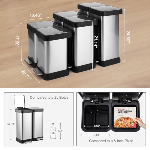 16 Gallon Dual Trash and Recycling Bin, Fingerprint Proof Stainless Steel Kitchen Garbage Can with Double Lid, Hands-Free Step Rubbish Bin Without Inner Bucket for Kitchen Home Office