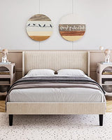 Garvee Queen Bed Frame, Upholstered Platform Bed with Wingback Headboard, Velvet Upholstered Bed Frame with 2 Storage Pockets, Strong Wooden Slat Support, Easy Assembly, Box Spring Optional, Beige - Beige