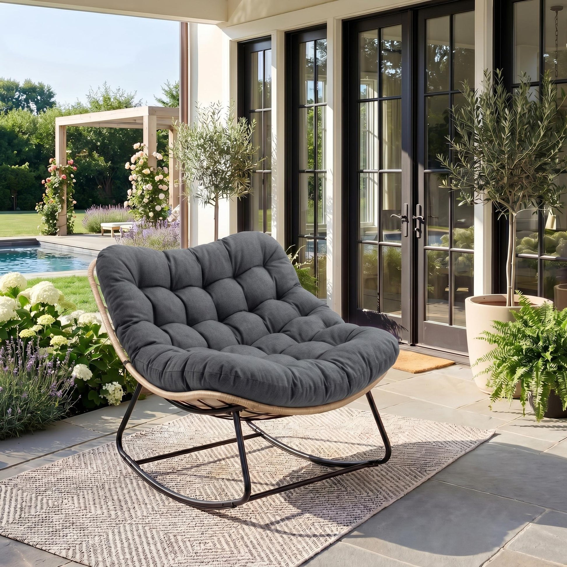 Garvee Rocking Chair with Thick Cushion, 450 LBS Capacity, Heavy Duty Metal Frame Patio Rocker, Curved Leg Wicker Rattan Armchair for Indoor Outdoor Lounge Decking, Gray