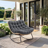 Garvee Rocking Chair with Thick Cushion, 450 LBS Capacity, Heavy Duty Metal Frame Patio Rocker, Curved Leg Wicker Rattan Armchair for Indoor Outdoor Lounge Decking, Gray