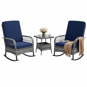 Garvee 3-Piece Patio Bistro Set with Swivel Rocking Chairs, All-Weather PE Rattan Outdoor Conversation Set with Glass Side Table & Blue Cushions for Porch, Patio, Garden, Backyard, Balcony – Gray Rattan