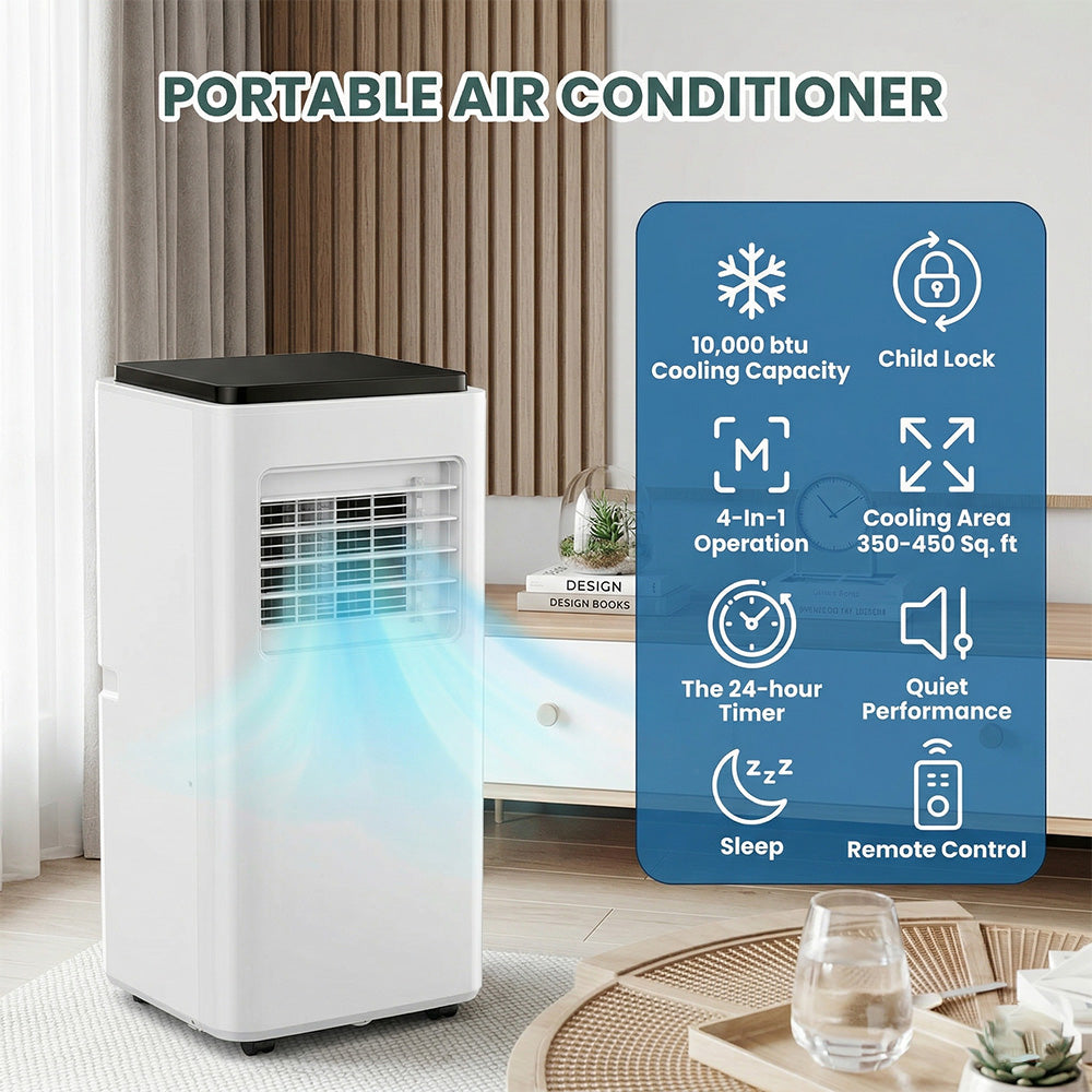 Garvee Portable Air Conditioners 10,000 Btu,4 In 1 Portable Cooling AC with Dehumidifier, Fan Modes, Stand Up AC Unit with 46dB Low Noise & 24H Timer, Sleep Mode for Bedroom, Rooms Up to 450 Sq.Ft
