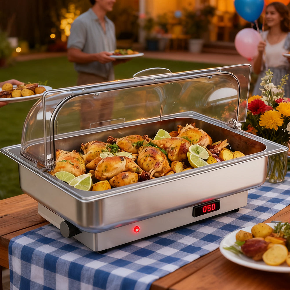 Garvee Electric Chafing Dishes 2 Pack Buffet Set 9 QT Full Size, NSF Stainless Steel Roll Top Catering Chafer Server Food Warmer with Cover for Party Wedding Banquet