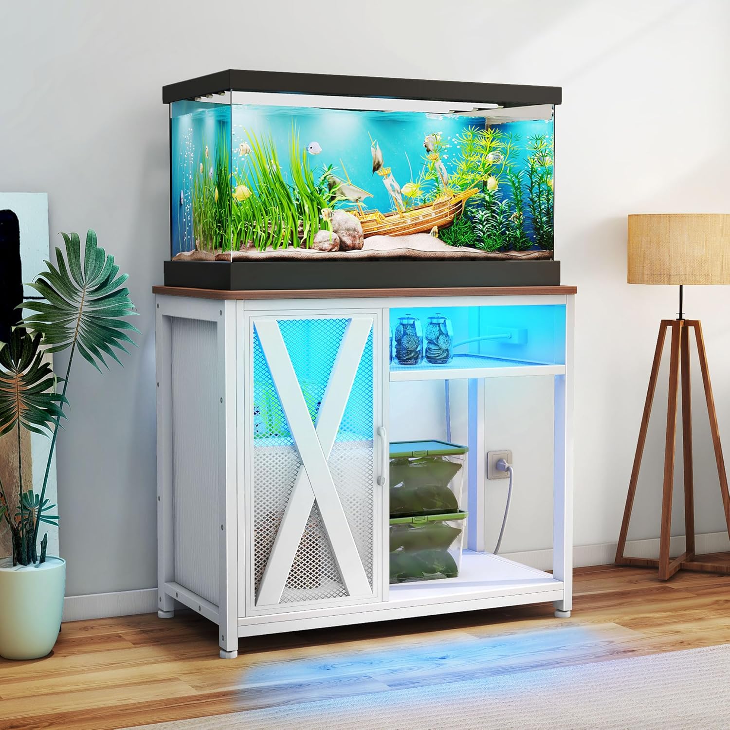 Garvee 40-50 Gallon Aquarium Stand, Fish Tank Stand with Power Outlets, Aquarium Cabinet for Fish Tank,Metal Fish Tank Stand with Storage Suitable for Turtle Tank, Reptile Terrarium, 660LBS Capacity, White