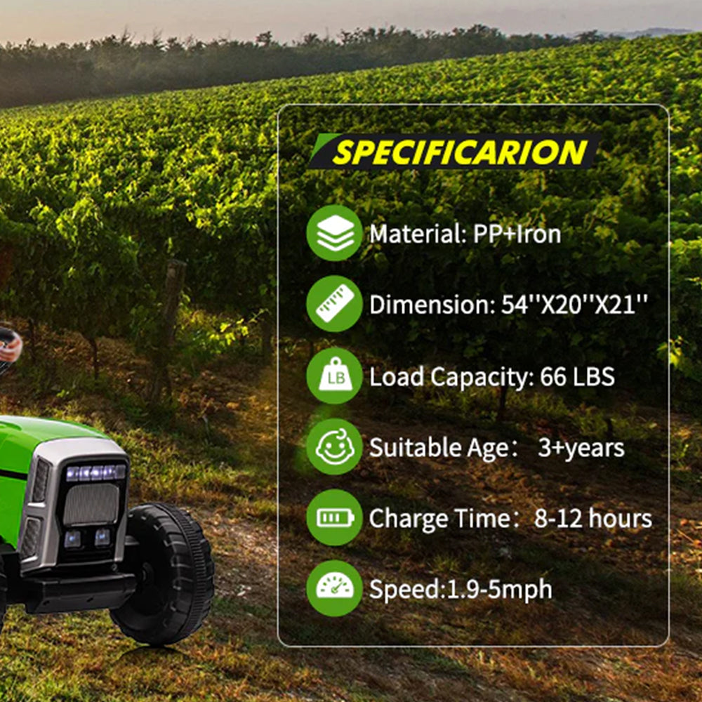 Garvee Ride - P Series: 12V Electric Tractor & Trailer for Kids, 3-6 Yrs - With RC - Green / 25W
